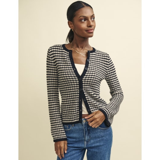 Black Stripe Flute Sleeve Mock-Crochet Cardigan | Nobody's Child