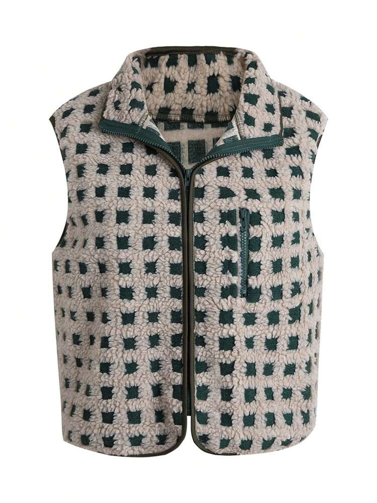 Womens Fuzzy Checkered Vest Sleeveless Stand Collar Zip Up Vest Jacket Winter Warm Outwear | SHEIN