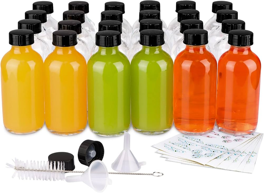 24 Pack 4 oz Clear Glass Bottles, 120ml Boston Round Sample Bottles with Black Poly Cone Caps, La... | Amazon (US)