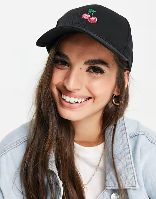 ASOS DESIGN baseball cap with cherry motif in black | ASOS | ASOS (Global)