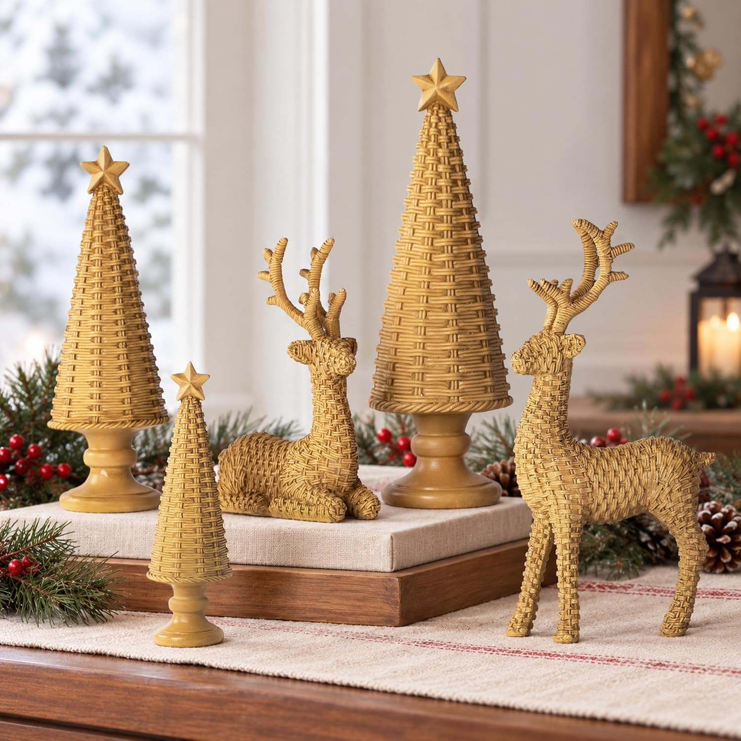 Gleemoria 5PCS Christmas Reindeer Decor, Woven Texture Resin Deer & Trees | Amazon (US)