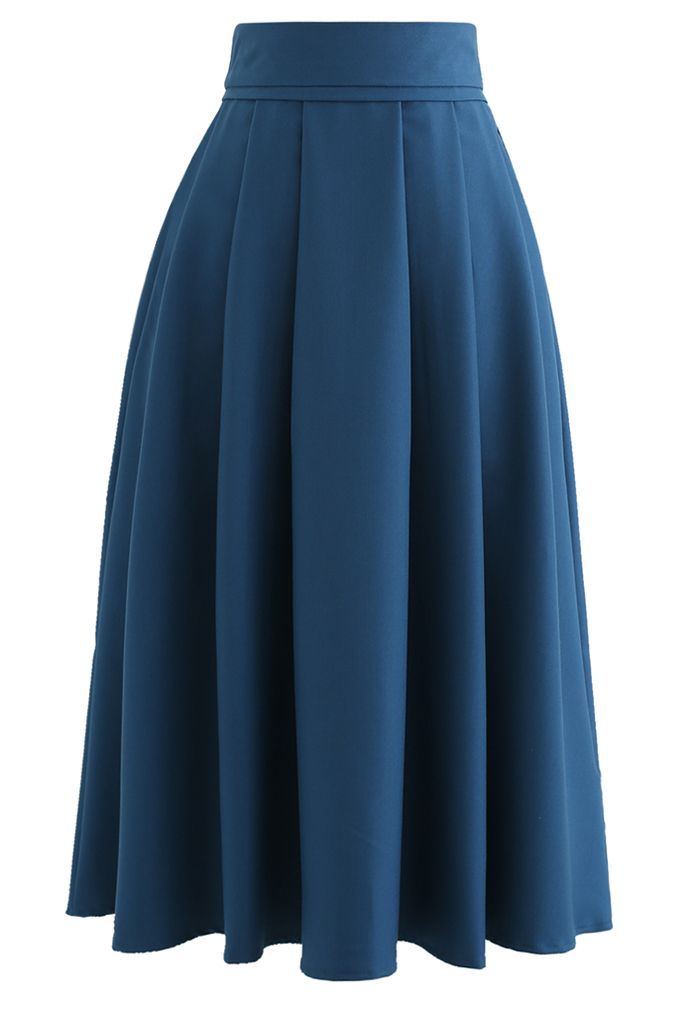 High Waist Pleated Flare Midi Skirt in Indigo | Chicwish