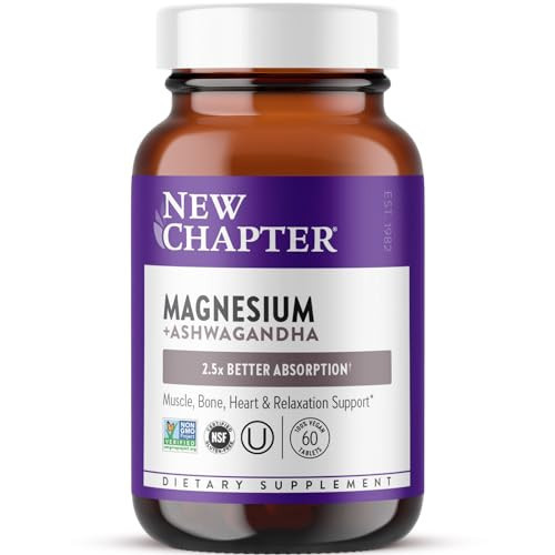 New Chapter Magnesium + Ashwagandha Supplement, 325 mg with Magnesium Glycinate, 2.5x Absorption, Muscle Recovery, Heart & Bone Health, Calm & Relaxation, Gluten Free, Non-GMO - 60 ct (2 Month Supply) | Amazon (US)