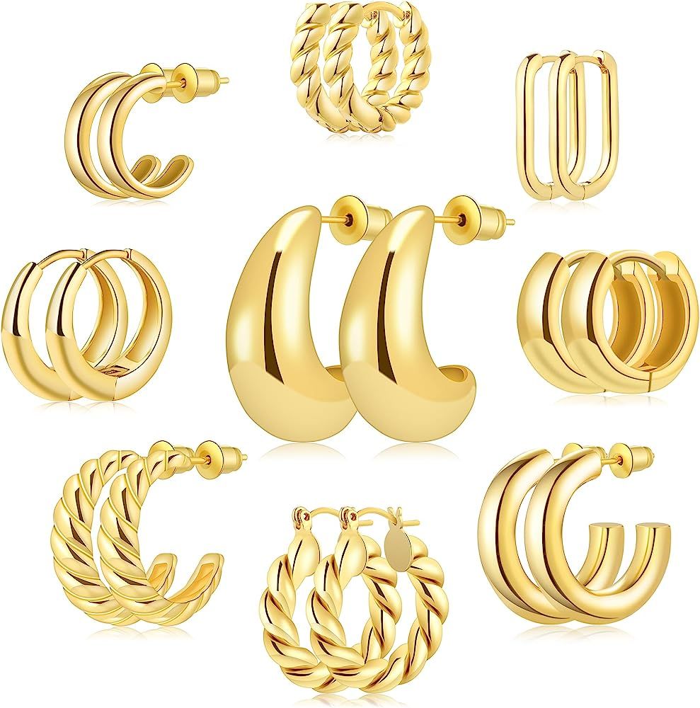 9 Pairs Gold/Sterling Silver Plated Hoop Earrings Set for Women Trendy Chunky Gold Hoops 14K Real... | Amazon (US)