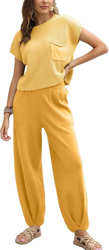 Ugerlov Women's Two Piece Outfits Sweater Sets Knit Pullover Tops and High Waisted Pants Lounge S... | Amazon (US)