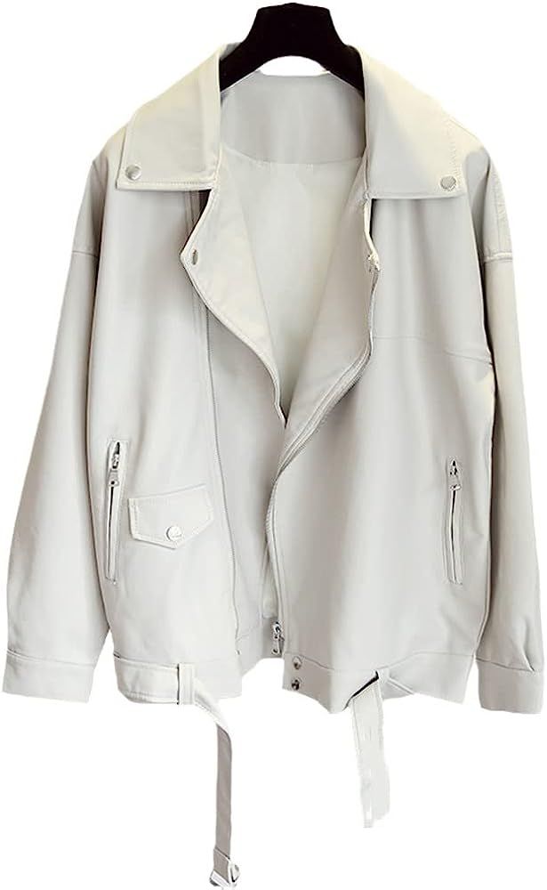 Spring Women Loose Pu Faux Leather Jacket With Belt Streetwear Moto Biker Coat Oversized Outwear | Amazon (US)