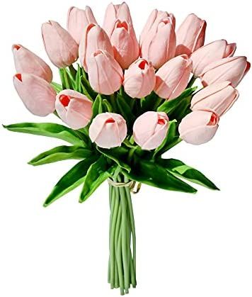 Mandy's 20pcs Light Pink Artificial Tulip Silk Flowers 13.5" for Home Kitchen Wedding Decorations | Amazon (US)