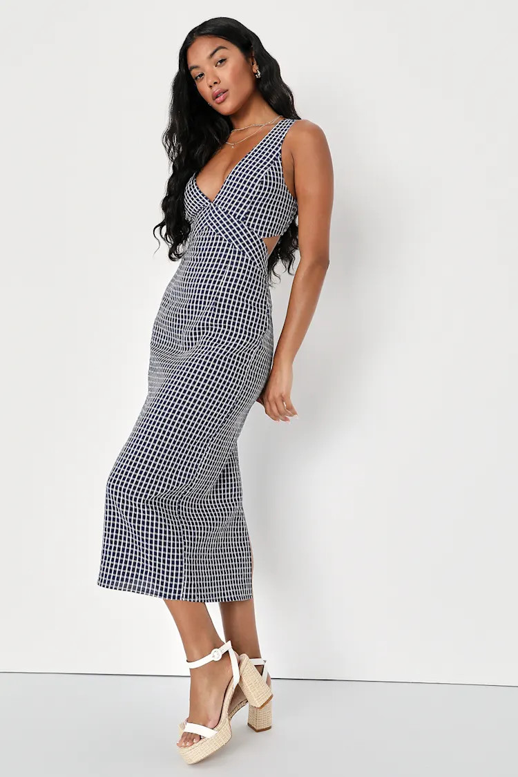 Charming Inspiration Navy Blue Gingham Backless Midi Dress | Lulus (US)