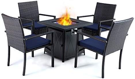 PHI VILLA 28” Gas Fire Pit Table with 4 Rattan Chairs, 5 Piece Propane Fire Table Set with 11 lbs Fi | Amazon (US)