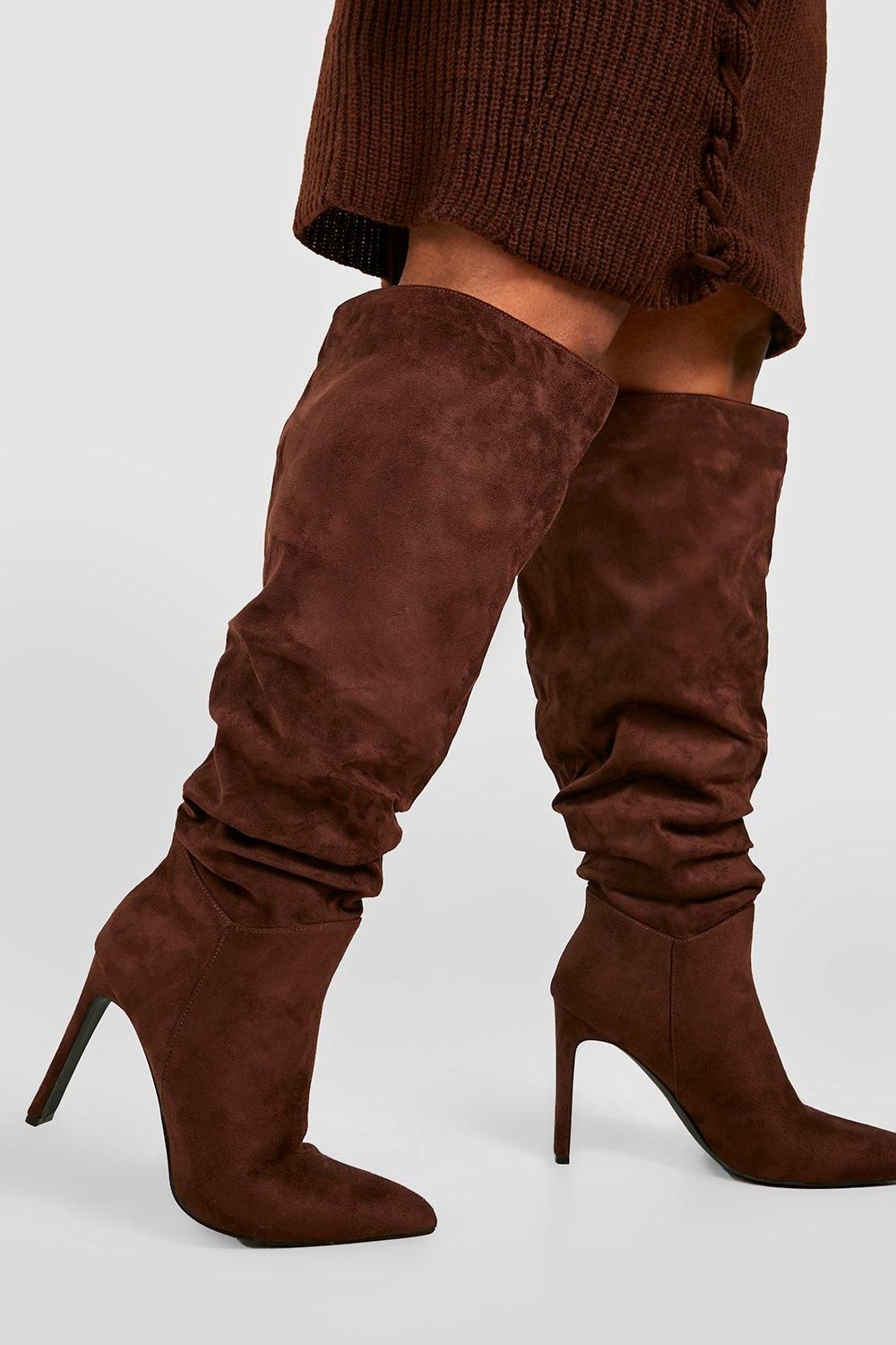 Womens Wider Calf Ruched Detail Knee High Boots - Brown - 5 | Boohoo.com (US & CA)