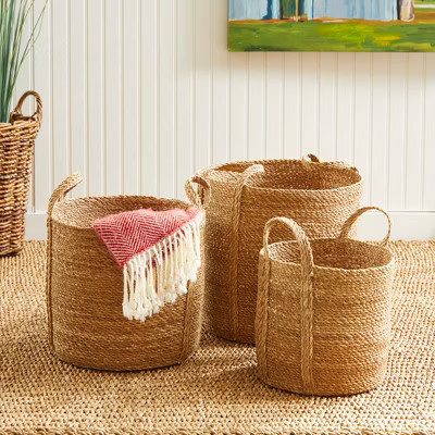 Plum & Post Seagrass Round Baskets With Long Handles Set of 3 | Target