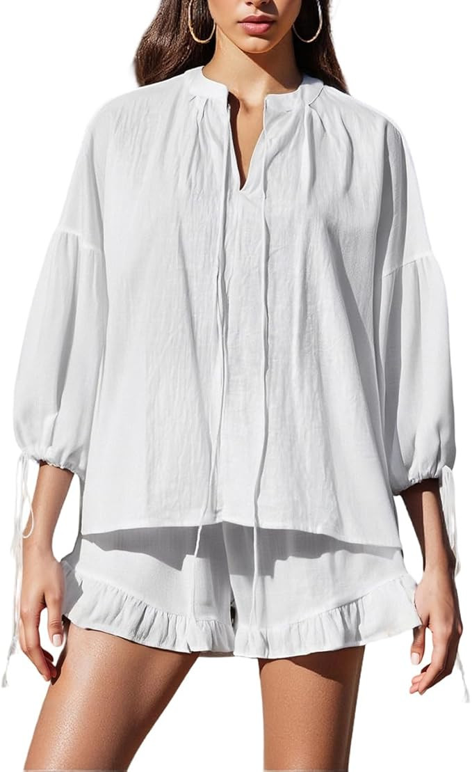 Mxiqqpltky Linen Shorts Sets Women 2 Piece Outfits Long Sleeve Tie Front Tops and Ruffled Boxer S... | Amazon (US)