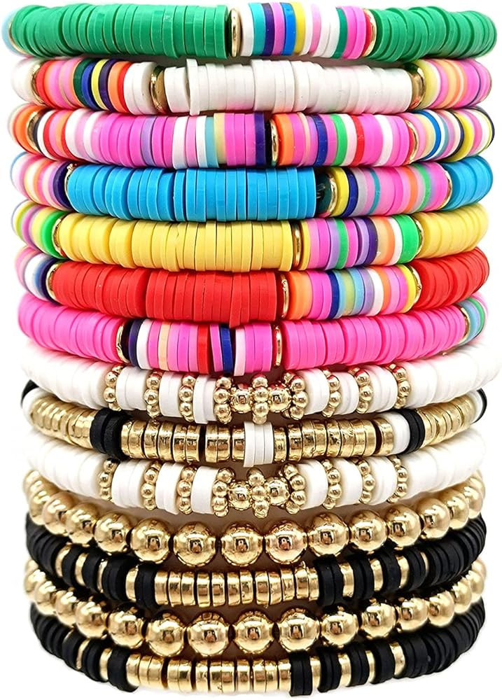 MOZAKA 14Pcs Colorful Surfer Heishi Bracelet for Women Stackable Handmade Rainbow Vinyl Disc Bead... | Amazon (US)