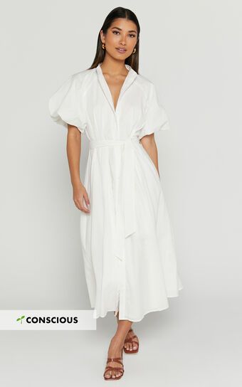 Sabrina Midi Dress - Linen Look Raglan Sleeve Belted Dress in White | Showpo (ANZ)