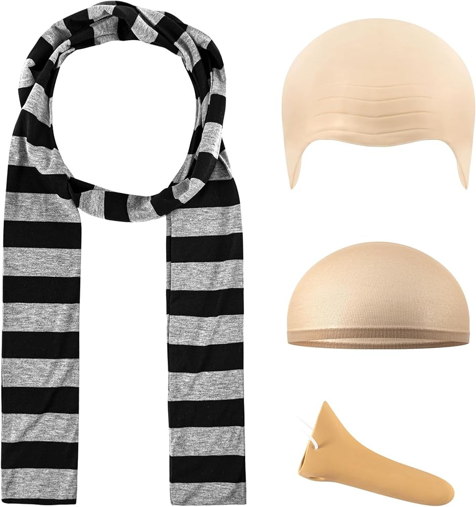 4 Pcs Adults Costume Accessories Set, Black Gray Striped Scarf Fake Nose Latex Bald Head Wig Cap,... | Amazon (US)