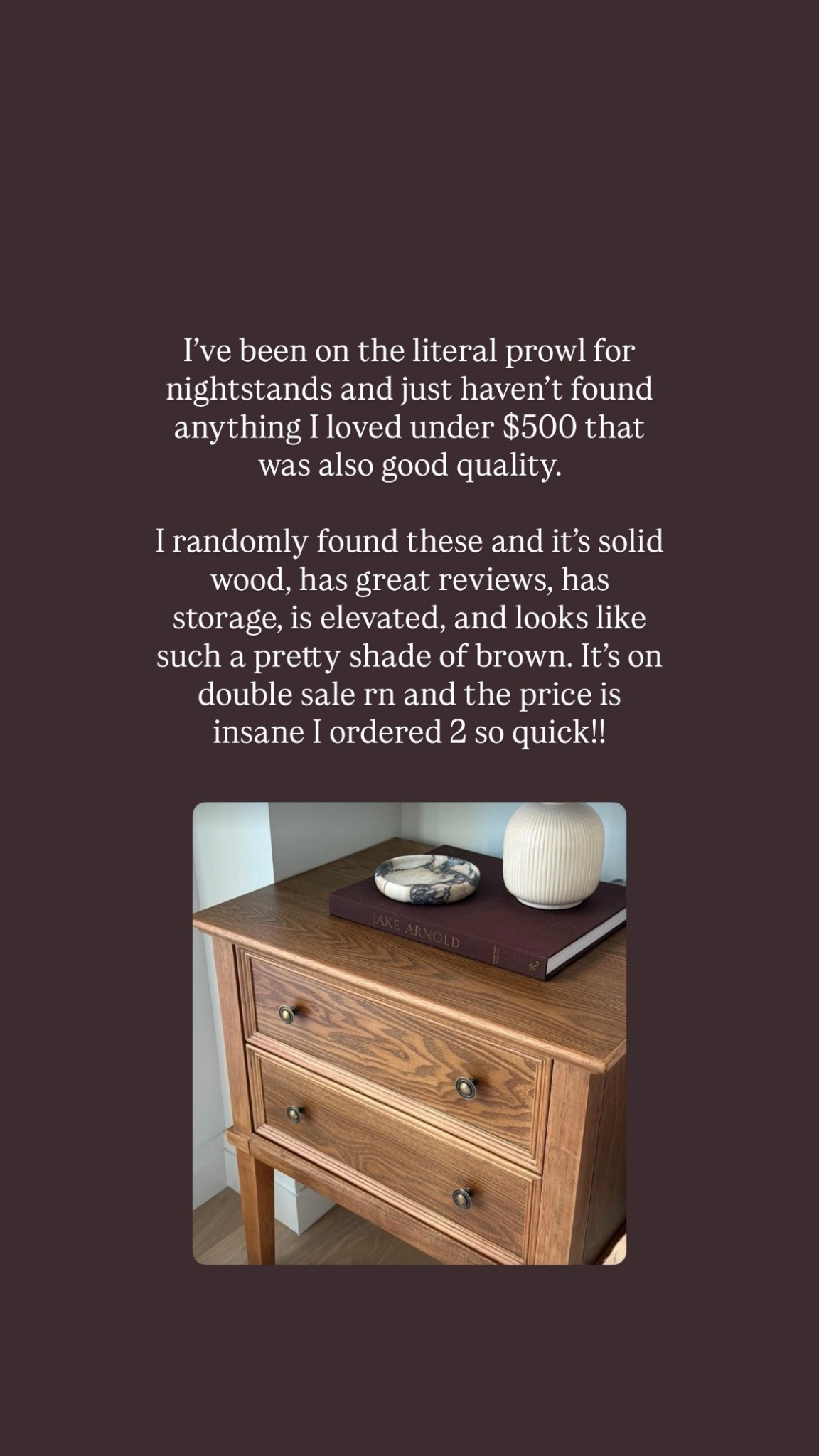 I’m actually giddy to get these nightstands in. Hoping they work well with our space but for the price, reviews, and look!? I had to try! I might even swap out the hardware or do rub and buff on what’s currently there - I cannot wait!! I got the Teak color!

#LTKHome #LTKSaleAlert