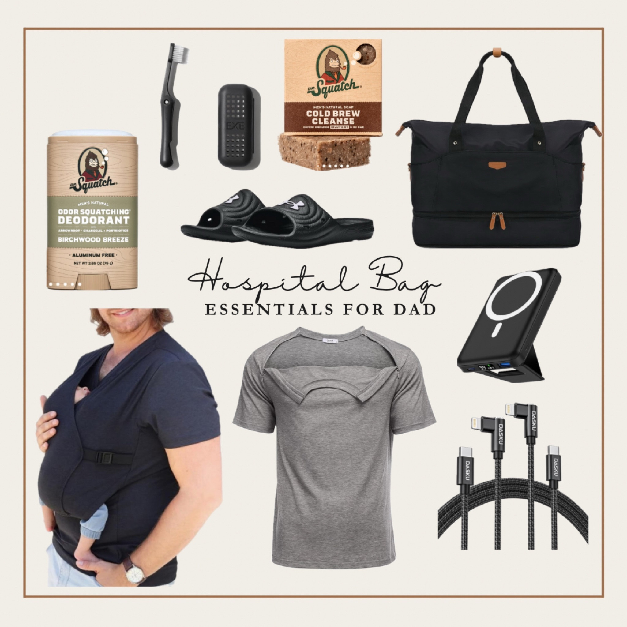Hospital bag essentials for dad. Skin to skin bonding shirts, make it easy to redress for when visitors come in and help keep babe warm. Chargers are everything with sharing your little one with the world so pack a 10ft long lighting cord and a battery pack that also serves as a stand for FaceTiming love ones from afar. Cold brew Dr. Squatch bar that’s a clean all natural wake up for those long nights!

#LTKhospitalbag
#LTKhospitalbagessentials
#LTKfordad
#LTKskintoskin

#LTKBump #LTKMens #LTKBaby