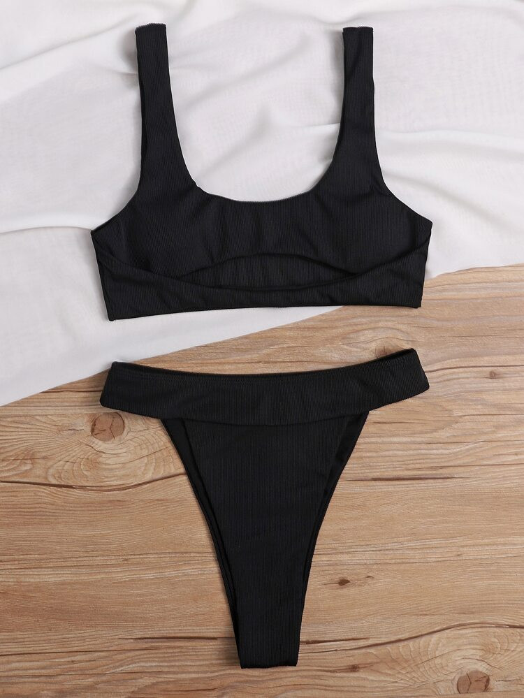 Ribbed Cut Out Thong Bikini Swimsuit | SHEIN