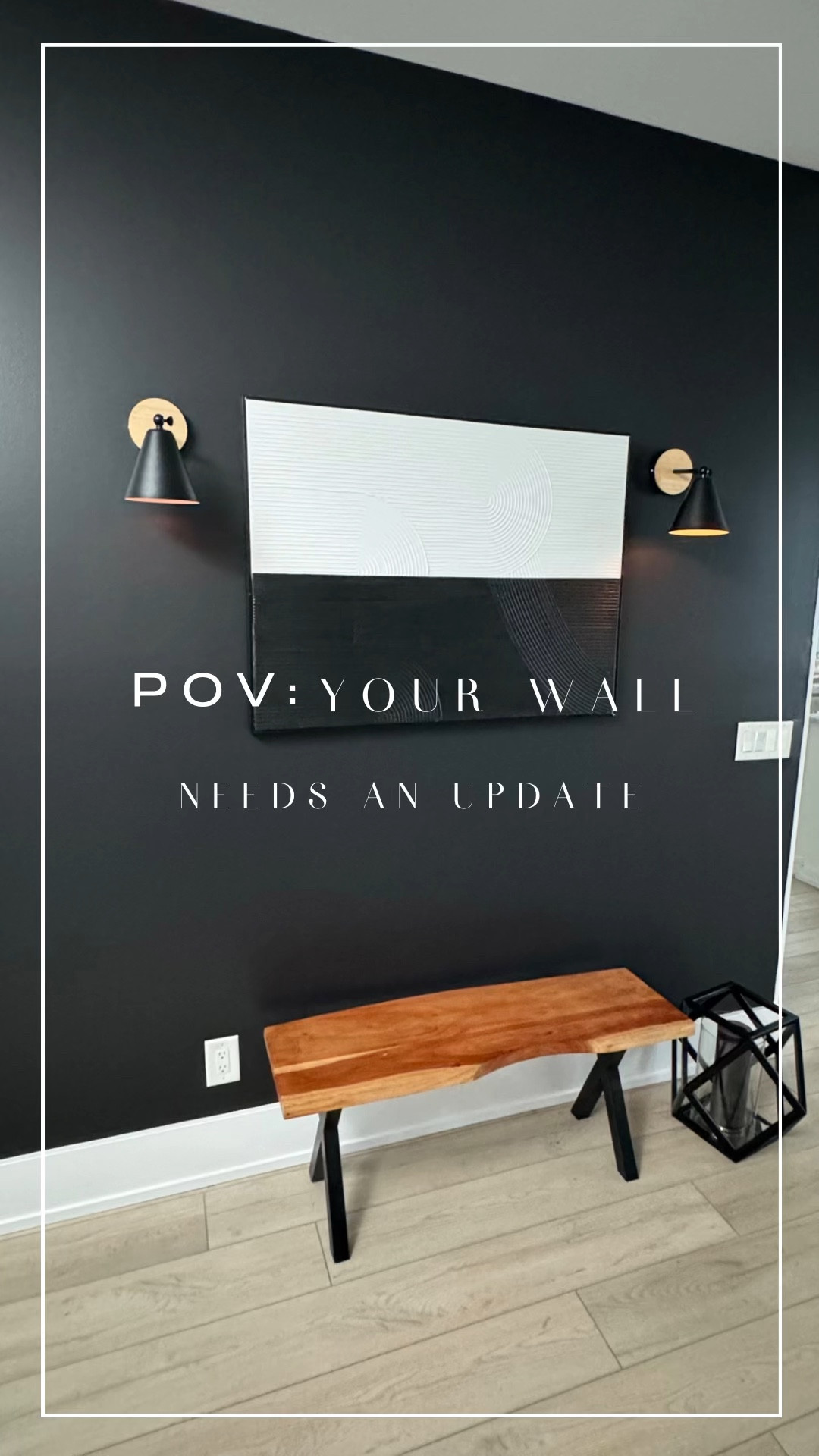 POV- your drab white wall needs a much needed, easy update. I painted the wall in @sherwinwilliams Tricorn Black SW6258. I added back my wood bench that I love so much and some easy to install, natural wood and black LED Battery Operated Sconces. Comment LINK and I'll send you a DM with the sconces link and a similar bench. 

#BeforeandAfter #HomeDecor #InteriorDesign #FeatureWall 
BEFORE AND AFTER 
INTERIOR DESIGN
HOME DECOR
FEATURE WALL
HOME RENOVATION

#LTKhome #LTKVideo #LTKfindsunder100