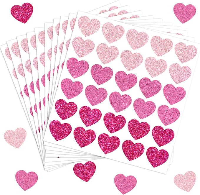 300Pcs Valentine's Day Glitter Pink Heart Stickers 1.5 Inch Sparking Adhesive Heart Stickers Arts... | Amazon (US)