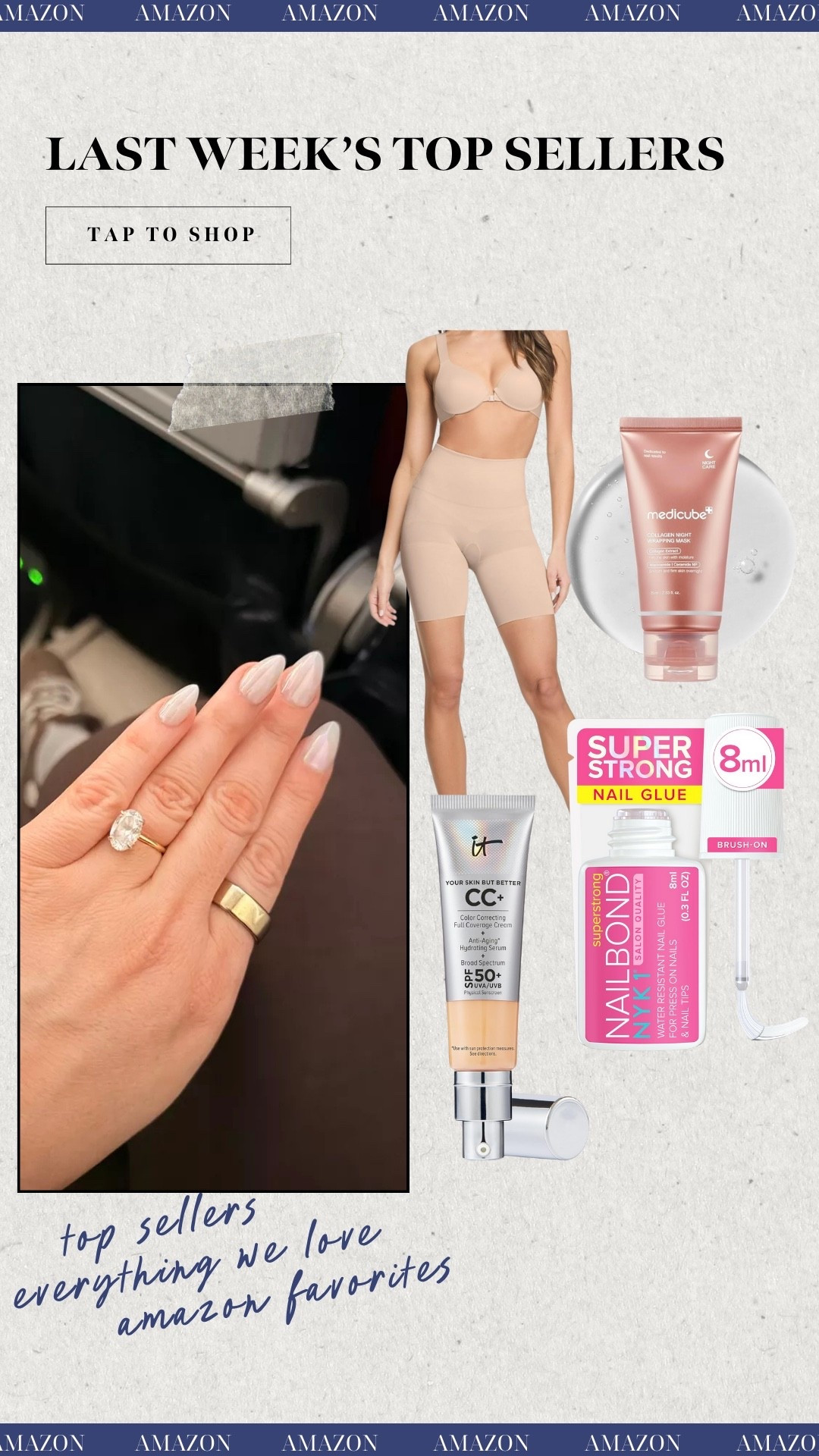 Last week's Amazon top sellers! Spanx mid thigh shape wear short, glass skin viral face mask, the best nail glue that lasts forever, and my fav cc cream! 

#LTKFindsUnder50 #LTKBeauty #LTKSeasonal