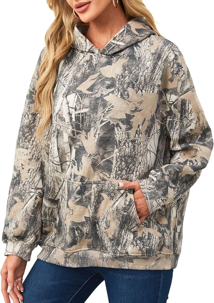 Womens Camo Hoodies Maple Leaf Print Oversized Hooded Pullover Shirt Fleece Long Sleeve Camo Swea... | Amazon (US)