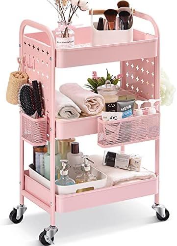 TOOLF 3-Tier Rolling cart, Utility Storage Cart with DIY Dual Pegboards, Art Craft Trolley with Remo | Amazon (US)