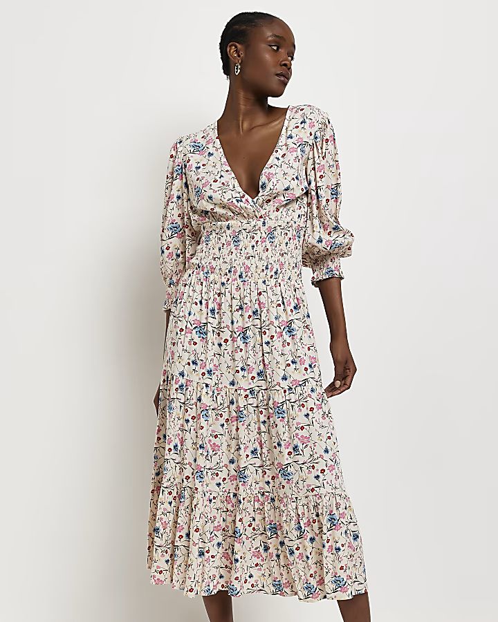 Cream floral shirred smock midi dress | River Island (UK & IE)