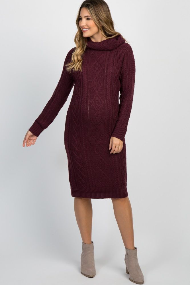 Burgundy Cable Knit Cowl Neck Maternity Sweater Dress | PinkBlush Maternity