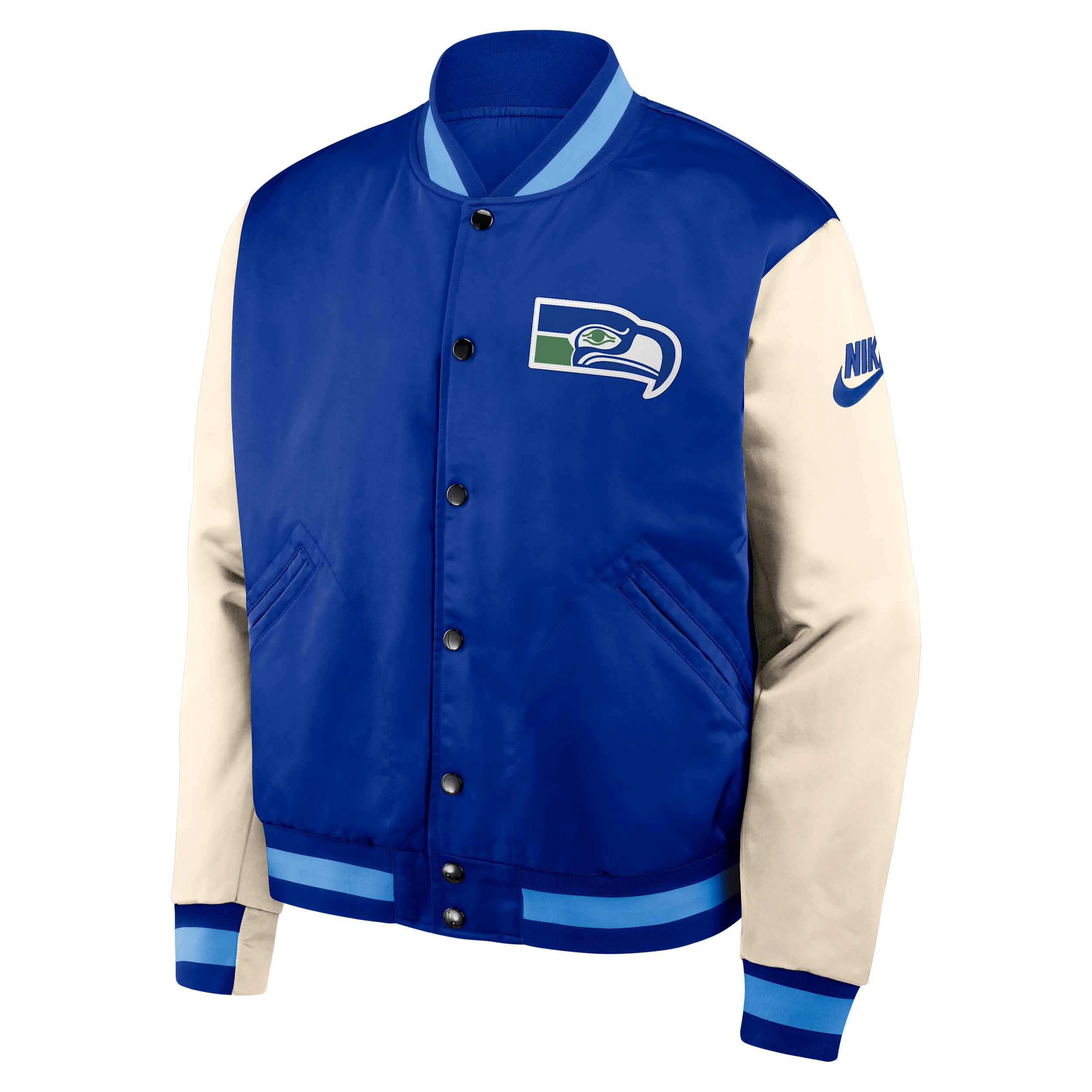 Seattle Seahawks Rewind Legacy Nike Men's NFL Full-Snap Bomber Jacket in Blue | 03O50EDDV78-Z8E | Nike (US)
