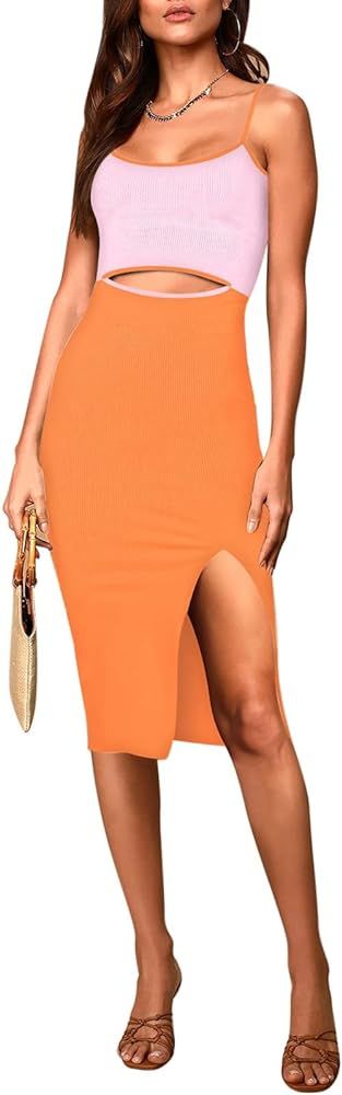 Pink Queen Women's Spaghetti Strap Cutout Side Slit Ribbed Knee Length Bodycon Midi Dress | Amazon (US)
