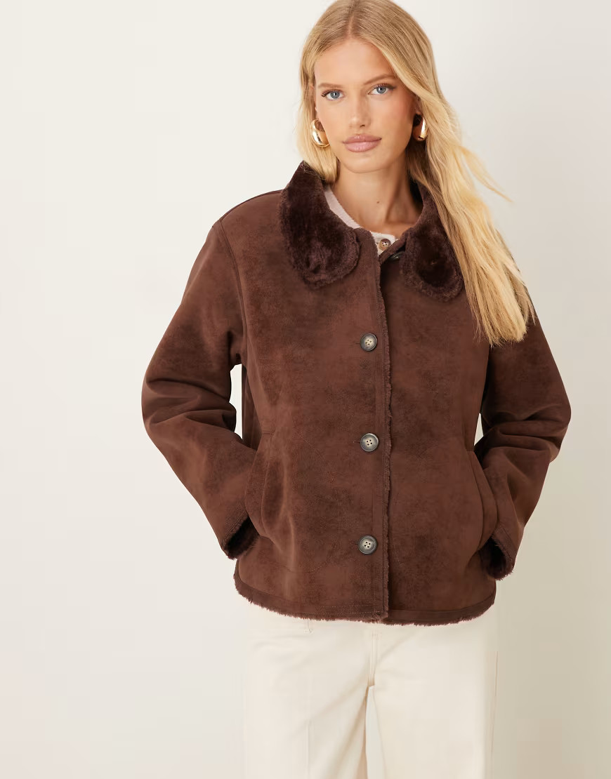 ASOS DESIGN funnel neck faux suede bonded jacket in chocolate-No color | ASOS (Global)
