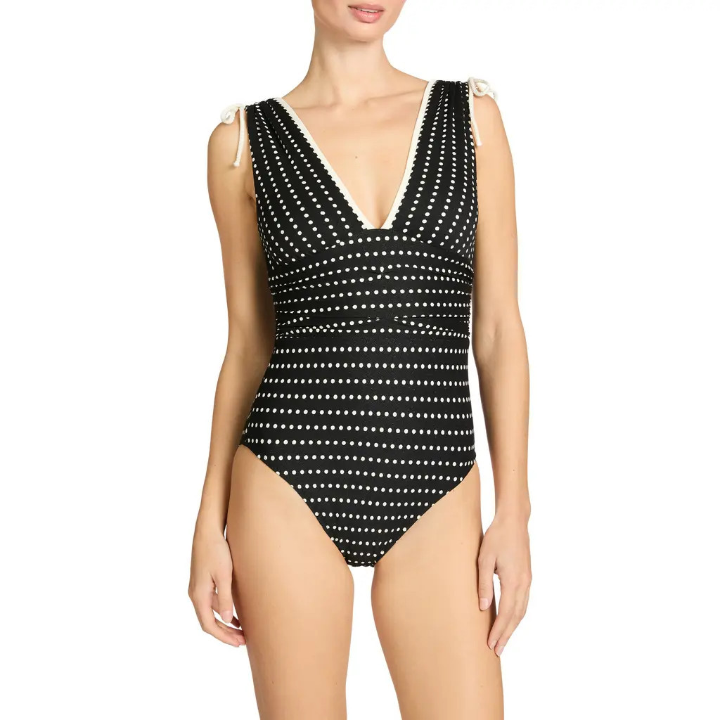 Robin Piccone Millie Plunge One-Piece Swimsuit in Black/Ecru at Nordstrom, Size 6 | Nordstrom