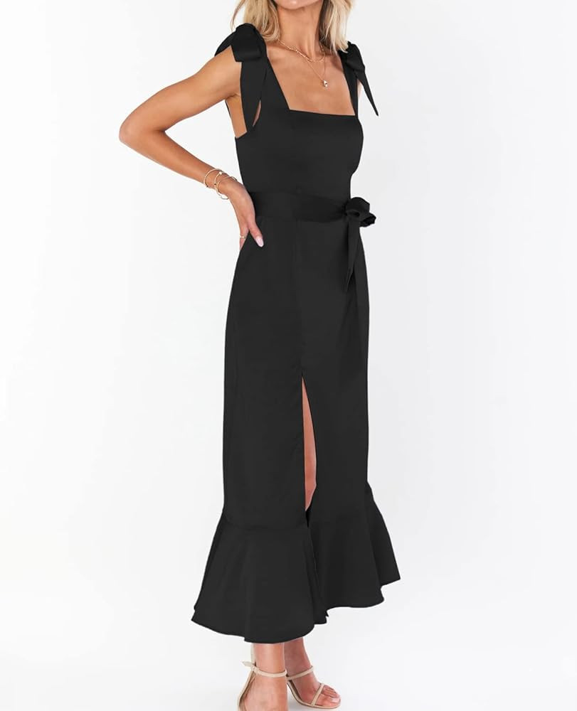 Women's Elegant Bridesmaid Dresses Square Neck Ruffle Split Midi Formal Dress for Wedding Guest Cock | Amazon (US)