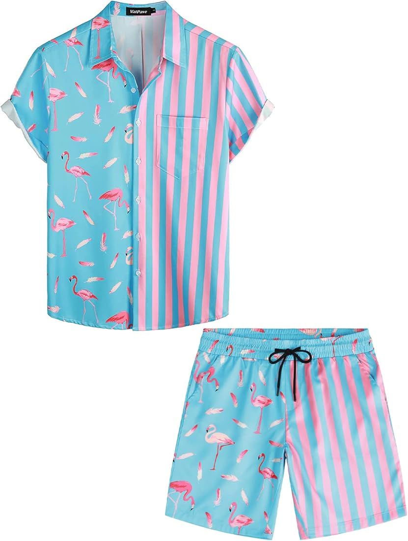 VATPAVE Mens Flamingo Hawaiian Sets Casual Short Sleeve Button Down Shirts Beach Outfits | Amazon (US)
