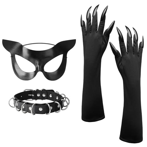 codree Halloween Cat Woman Costume Accessories, Black Cat Mask Cosplay Costume for Women, Faux Claw Gloves Necklace Outfit Set for Halloween Party Masquerade Night Club (Set A) | Amazon (US)