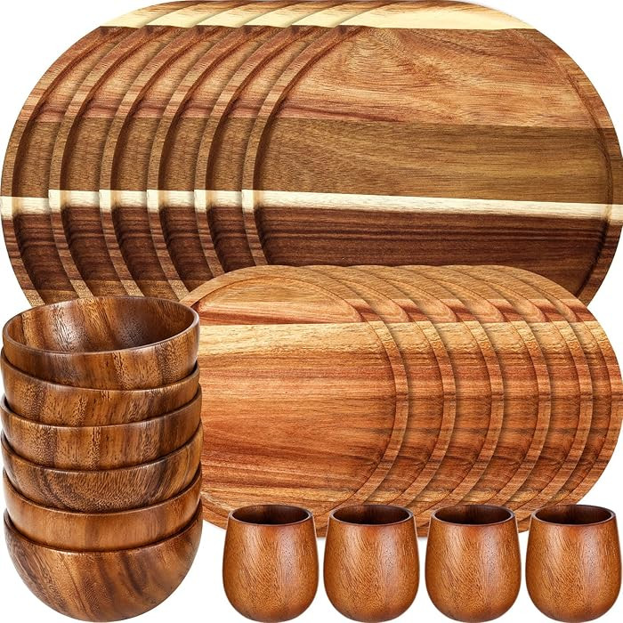 Maxdot 24 Pcs Acacia Wood Dinnerware Set, Round Wooden Plates, Solid Wooden Bowls and Tea Cups, A... | Amazon (US)