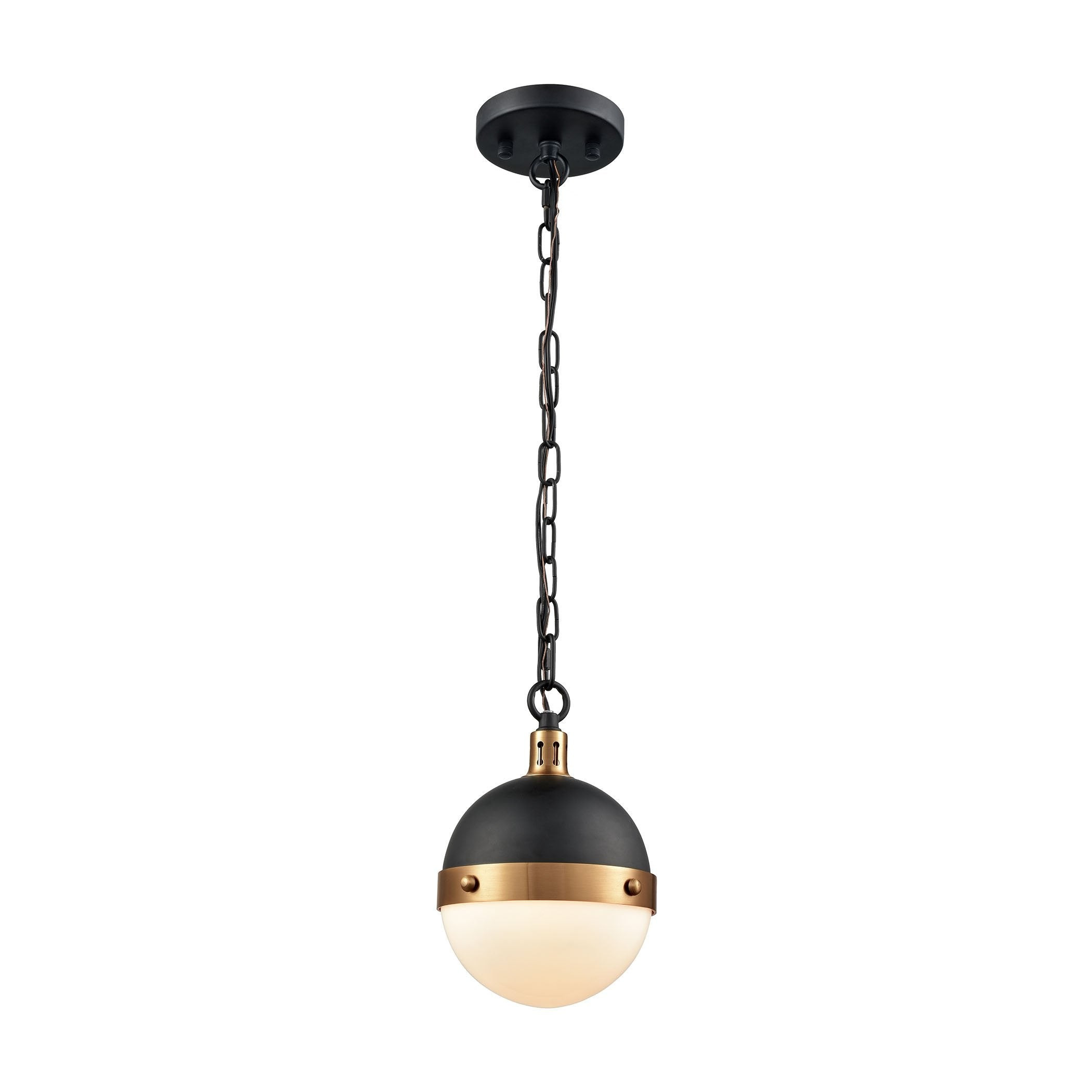 Harmelin 1-Light Mini Pendant in Matte Black and Satin Brass with White Opal Glass | Burke Decor