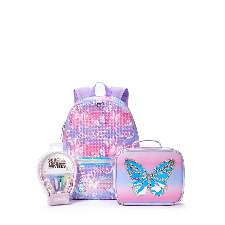 Schoolyard Vibes Girls Backpack 3-Piece Set with Lunch Bag & Headphone Set Purple Iridescent Glit... | Walmart (US)