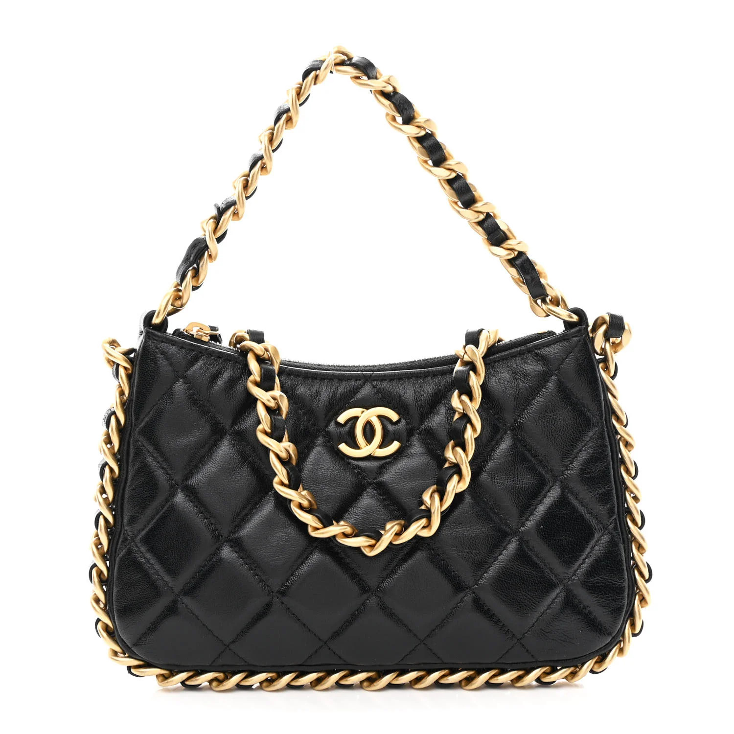Lambskin Quilted Chain Around Top Handle Mini Bag Black | FASHIONPHILE (US)