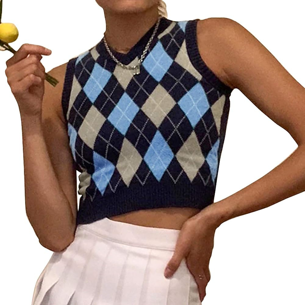 ZPLSTORE Women's Sleeveless Knit Sweater Vests Casual V Neck Checkered Pattern Crop Tank Tops | Amazon (US)