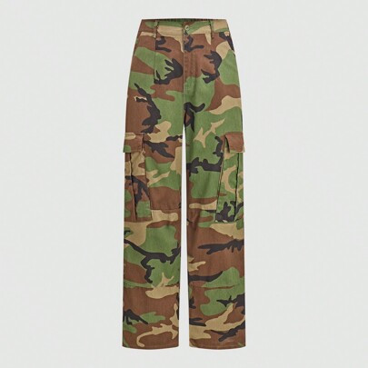 Cargo Pants Women Baggy Streetwear Y2K Button Trousers Wide Leg Pants | SHEIN