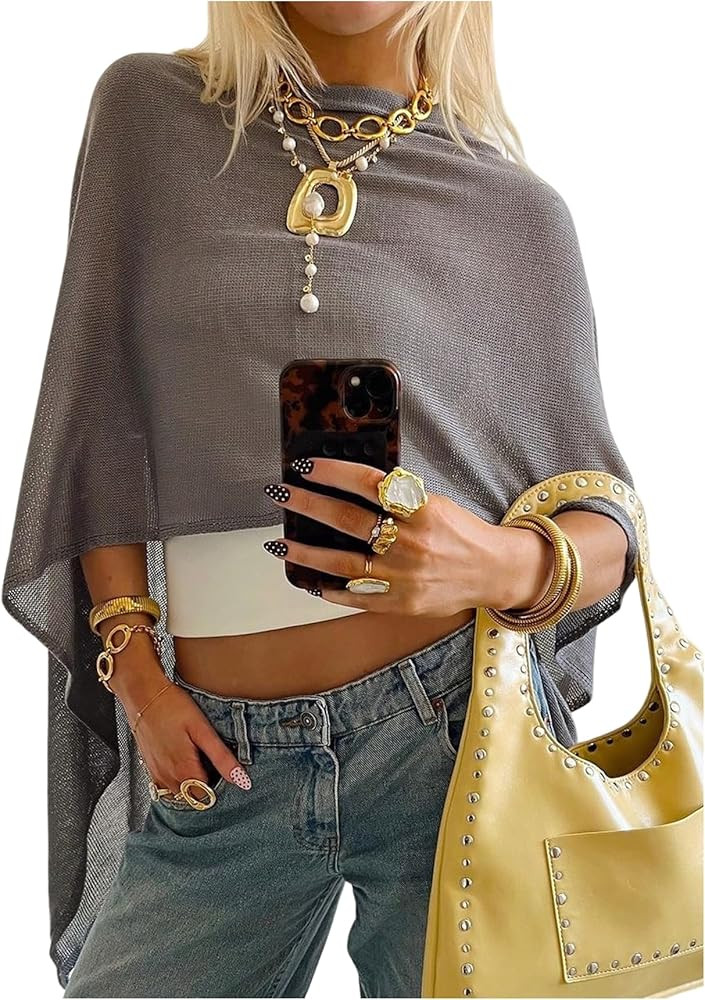 Women's Y2k Poncho Top Asymmetrical Dolman Sleeve Poncho Sweater Knitted Pullover Shrug | Amazon (US)