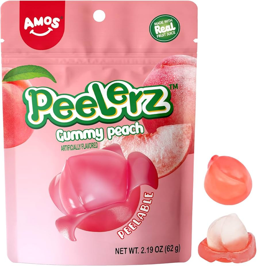 Amos Peelerz Gummy Peach Peeling Candy, Peelable Fruit Snacks, Resealable 2.19oz Bag Valentine's ... | Amazon (US)
