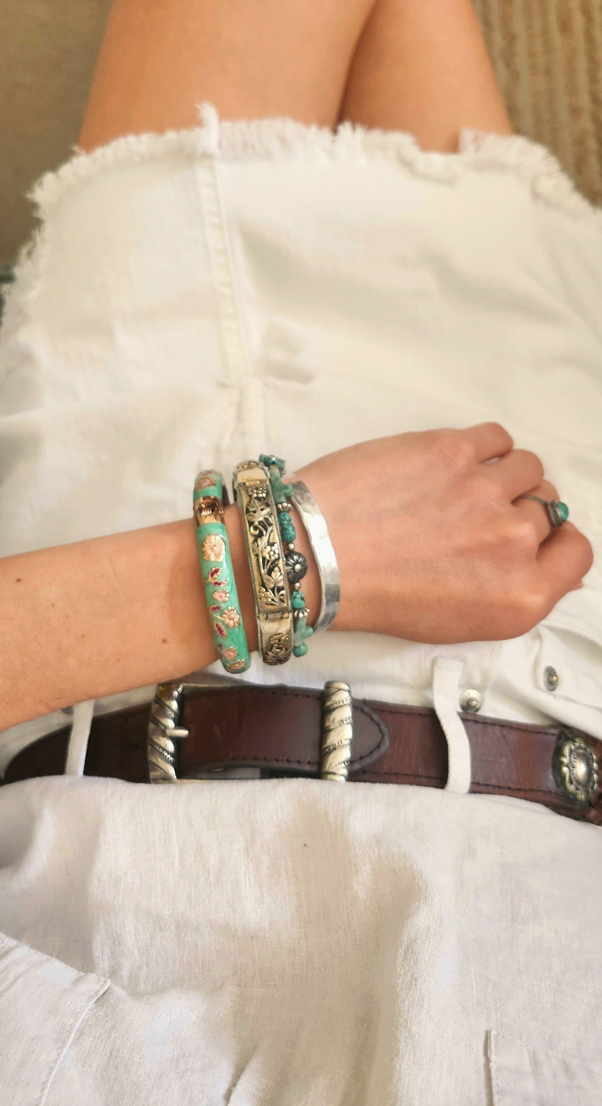 Turquoise bracelet. Stone bracelet. Jewelry stack. Braided belt. Western belt. Accessories. Silver Jewelry. Cuff bracelet. Stretch bracelet. Floral etched bracelet 

#LTKSeasonal #LTKSaleAlert