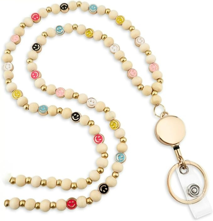 Smile Teacher Lanyard for Women with Retractable ID Badge Reel and Keychain Cute Happy Beads Lany... | Amazon (US)