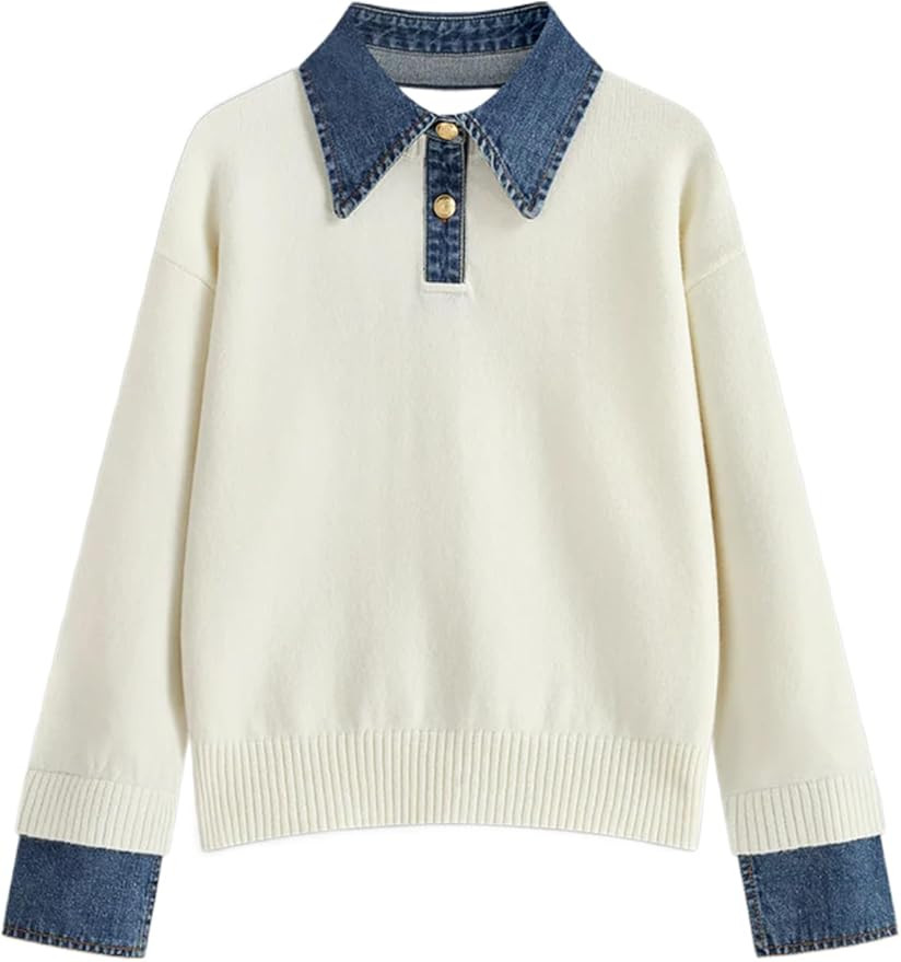 Womens Denim Lapel Sweater Oversized Long Sleeve Button Down Polo Knit Pullover Sweaters 2025 Fal... | Amazon (US)