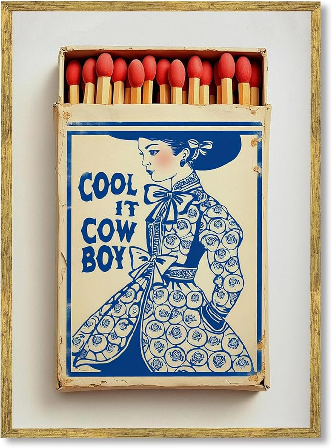 Gold Framed Cool It Cowboy Matchbook Wall Art Vintage Coastal Cowgirl Poster Retro Matchbox Weste... | Amazon (US)