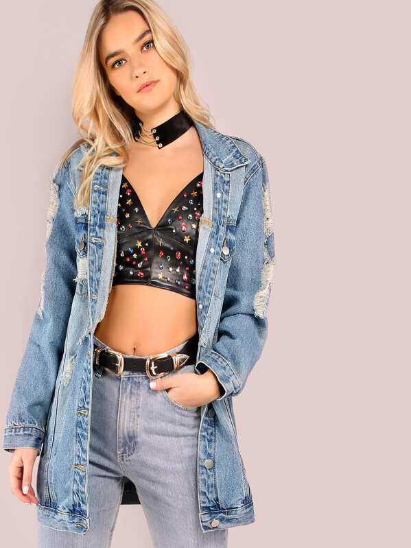 Light Mineral Washed Distressed Denim Jacket DENIM | SHEIN