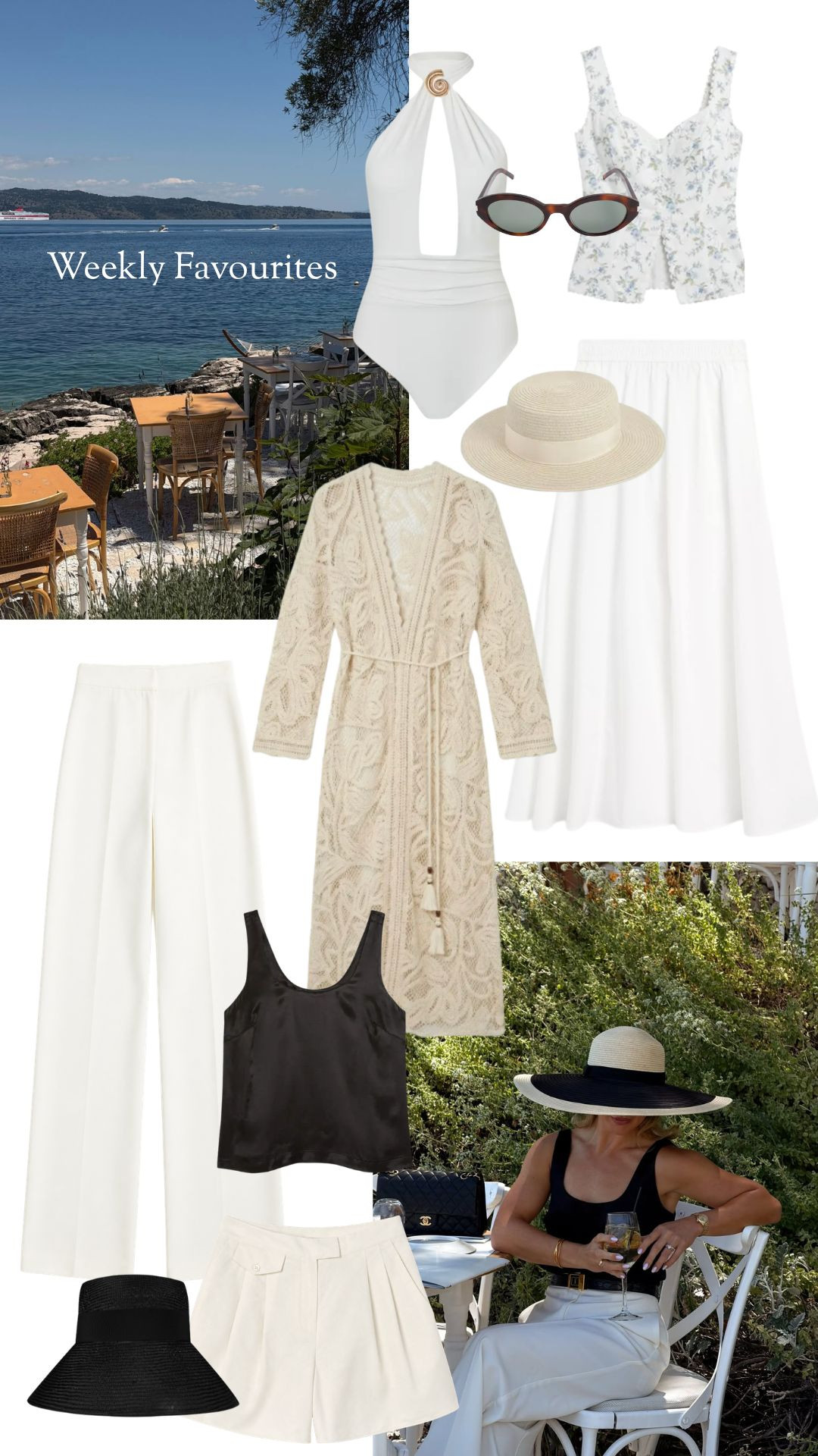 Weekly Favourites 🤍 

White halterneck swimsuit, Floral peplum top, White midi skirt, White wide leg trousers, Black satin cami top, White tailored shorts, Black bucket hat, Straw sun hat, Cat eye sunglasses, Neutral holiday wardrobe, Summer capsule wardrobe, Elegant poolside outfit, Minimal holiday fashion, Monochrome summer look, Luxury vacation style, Holiday Fashion, Holiday Style, Summer Style 

 #LTKuk #LTKsummer #LTKtravel